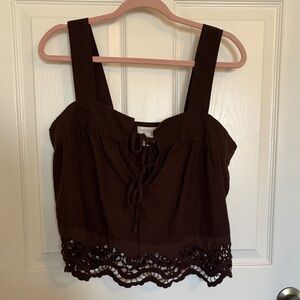 Rachel Zoe Brown Linen Blend Lace Trim Tank Top